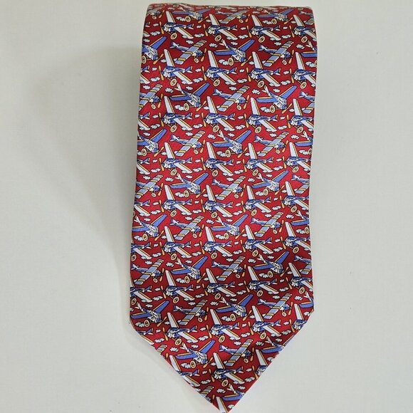 Beaufort Tie Rack Silk Tie Italy Red Multicolor Airplanes Clouds AOP W3.75 L59.5 - Picture 12 of 16